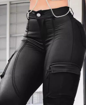 ⁦<h1 class="product_title entry-title">بنطلون جلد طويل منخفض الخصر مع جيوب</h1>⁩ - الصورة ⁦3⁩