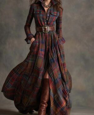 ⁦<h1 class="product_title entry-title">فستان طويل بأكمام طويلة بتصميم مربعات مع جيوب وأزرار للنساء</h1>⁩ - الصورة ⁦9⁩