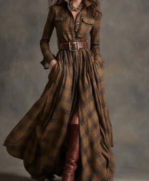 ⁦<h1 class="product_title entry-title">فستان طويل بأكمام طويلة بتصميم مربعات مع جيوب وأزرار للنساء</h1>⁩ - الصورة ⁦3⁩