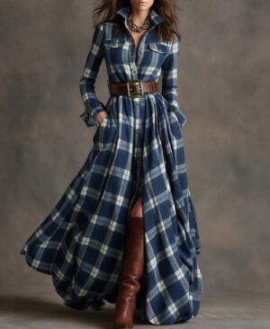 ⁦<h1 class="product_title entry-title">فستان طويل بأكمام طويلة بتصميم مربعات مع جيوب وأزرار للنساء</h1>⁩ - الصورة ⁦7⁩