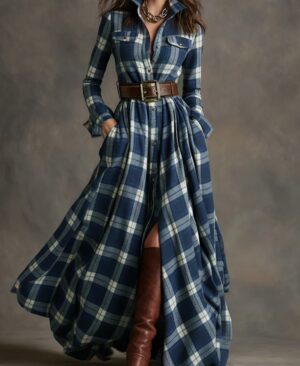 ⁦<h1 class="product_title entry-title">فستان طويل بأكمام طويلة بتصميم مربعات مع جيوب وأزرار للنساء</h1>⁩ - الصورة ⁦6⁩