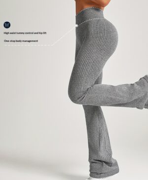 Womens High-Waisted Slimming Ribbed Casual Flare Pants - Image 4