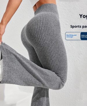 Womens High-Waisted Slimming Ribbed Casual Flare Pants - Image 5