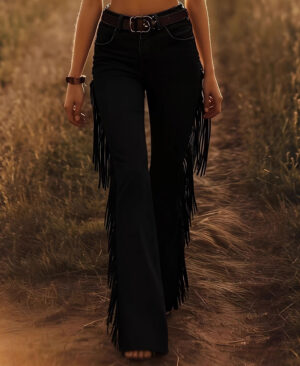 <h1 class="product_title entry-title">Womens Fitted, Stretchy Flare Pants With Tassels</h1> - Image 5