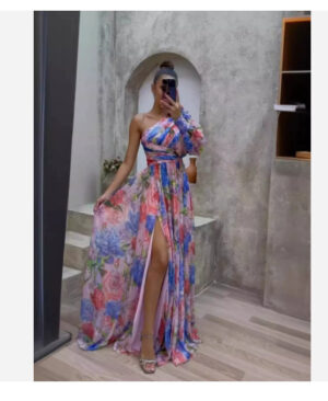 <h1 class="product_title entry-title">Floral Print Split Maxi Dress Fashion Sexy One-shoulder Long-sleeved Dresses Summer Beach Clothing For Women</h1> - Image 9
