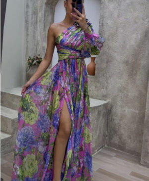 <h1 class="product_title entry-title">Floral Print Split Maxi Dress Fashion Sexy One-shoulder Long-sleeved Dresses Summer Beach Clothing For Women</h1> - Image 8