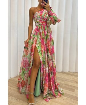 <h1 class="product_title entry-title">Floral Print Split Maxi Dress Fashion Sexy One-shoulder Long-sleeved Dresses Summer Beach Clothing For Women</h1> - Image 5