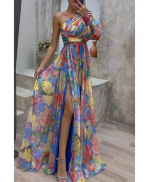 <h1 class="product_title entry-title">Floral Print Split Maxi Dress Fashion Sexy One-shoulder Long-sleeved Dresses Summer Beach Clothing For Women</h1> - Image 3