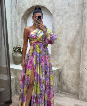 <h1 class="product_title entry-title">Floral Print Split Maxi Dress Fashion Sexy One-shoulder Long-sleeved Dresses Summer Beach Clothing For Women</h1> - Image 7
